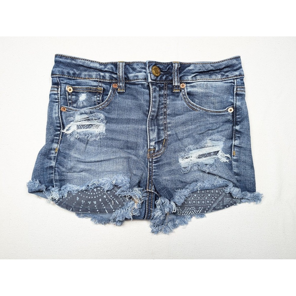 American Eagle Hi Rise Shortie Shorts Size 2 Distressed Denim Next Level Stretch